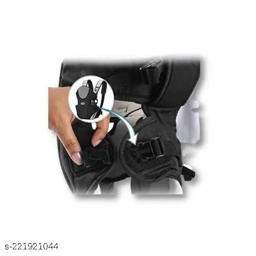 Adjustable black-cream kidsify baby bag, polyester dyed/washed design with safety belt, front carry facing out position