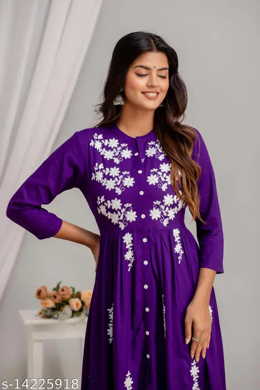 Violet Chikankari embroidered Rayon Anarkali Kurti, three-quarter sleeves, Indian festival wear for women
