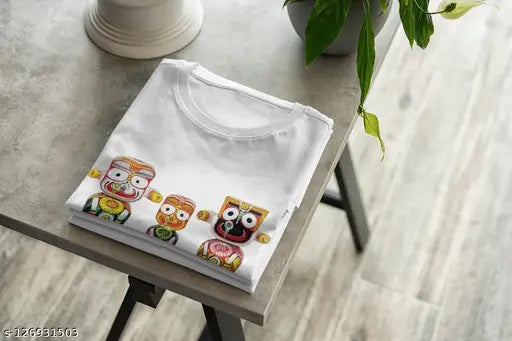 White cotton Jagannath Puri Rath Yatra half sleeves t-shirt, printed net pattern, regular fit