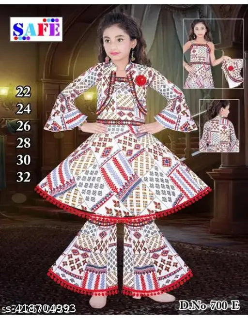 Stylish festive print cotton blend kurti sharara set for baby girls, 6 months - 11 years