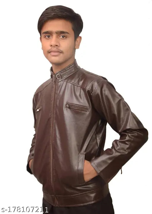 Brown faux leather long-sleeved winter jacket for kids, waterproof and solid pattern
