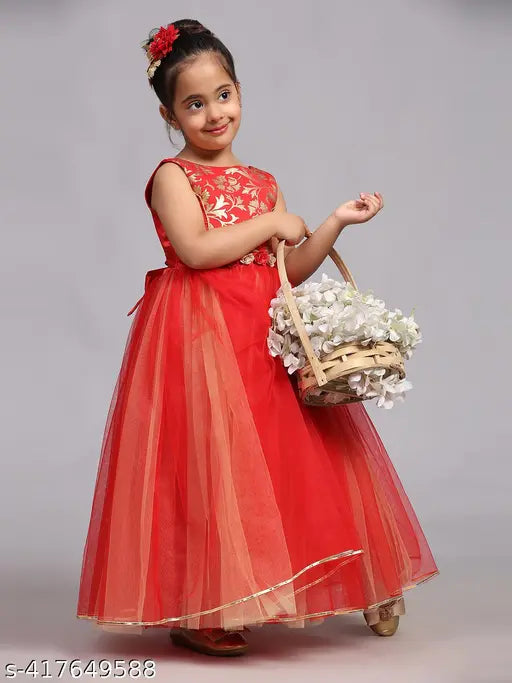 Rose red net party dress for kids, embellished toy balloon print, sleeveless, 1-12 years sizes available