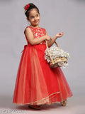 Rose red net party dress for kids, embellished toy balloon print, sleeveless, 1-12 years sizes available