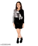 Embellished velvet full sleeves V-neck black shift dress, three-quarter length sleeves, ideal for fashion-conscious girls aged 2-16 years
