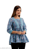 Blue, pure cotton, floral printed Dori fitting trendy top with three-quarter sleeves, India origin