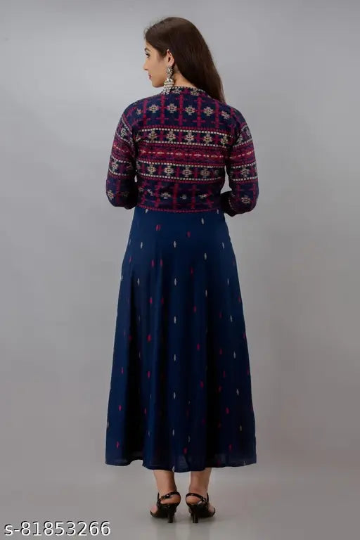 Plus size rayon blue kurti with jacket, printed combo for women in 48in, 50in, or 52in bust sizes