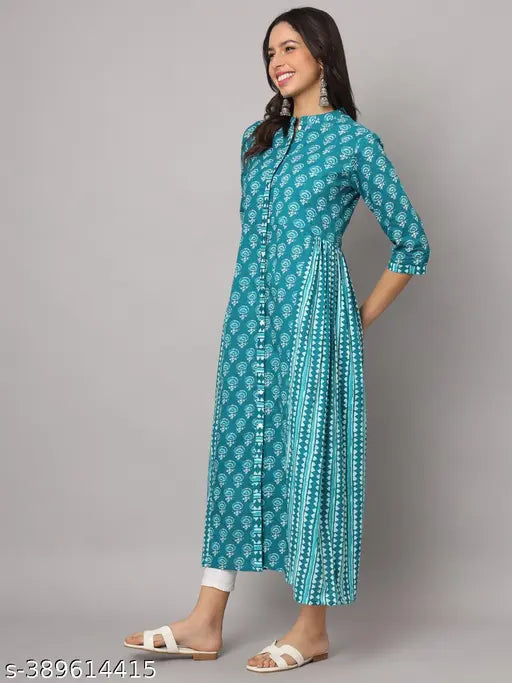 Cotton blend printed women's gown kurta with three-quarter sleeves, vibrant Indian pattern