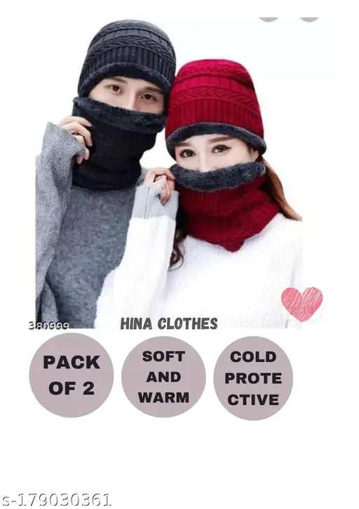 Winter woolen cap combo pack of 2: Soft feel textured knit beanie hats with neck warmers, ultra soft unisex & machine knitted in India