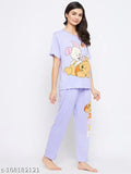 Viscose Rayon printed nightsuit set - trendy and comfortable women's pyjamas with short sleeves and elasticated waistband, patterned design on t-shirt and bottoms. Made in China