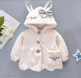 Beige faux fur hooded baby jacket, warm winter outerwear with solid pattern and long sleeves