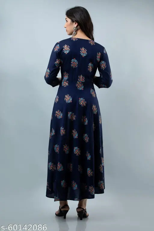 Navy blue flared rayon kurta with three-quarter sleeves, printed combo design - premium fusion Indian wear for festive and party occasions