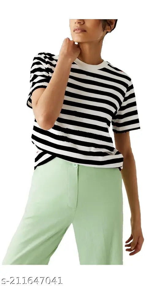 Multicolor cotton striped short sleeves t-shirt pack for women and girls in black and white - stylish printed round neck