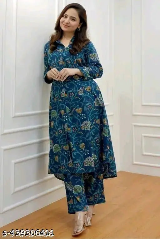 Rayon printed kurta and palazzos, vibrant design on three-quarter sleeves, women's ethnic wear, single size L (bust 40in, shoulder 14in), Indian traditional clothing