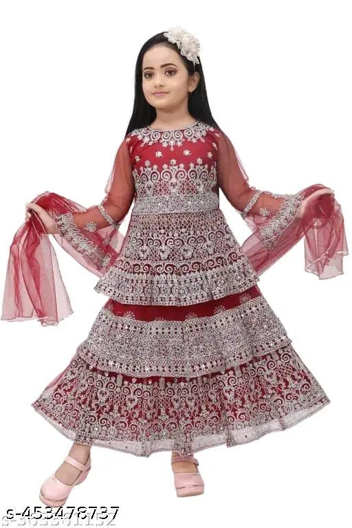 Maroon net lehenga choli for kids: sleeveless round neck embroidery work party wear