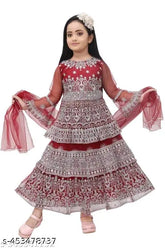 Maroon net lehenga choli for kids: sleeveless round neck embroidery work party wear