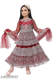 Maroon net lehenga choli for kids: sleeveless round neck embroidery work party wear