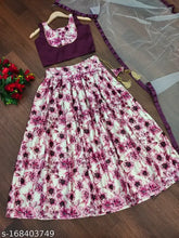 Satin and net floral print kids' choli, lahenga & dupatta set - vibrant Indian traditional wear for 9-16 years
