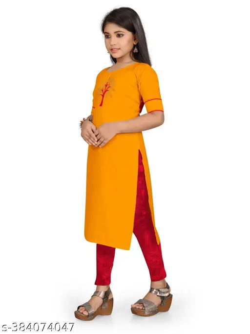 Yellow colorblocked cotton kurti&kurtas for girls, modern design with long sleeves. Fun fashion for ages 5-16 years from India