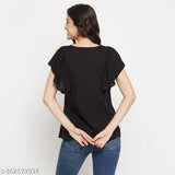 Black rayon embroidered top, short sleeves with printed pattern, size S-XXXL. Women's fashion clothing on hanger, origin India