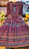 Maroon embroidered rayon Anarkali gown with foil print, 3/4 sleeves, available in sizes M-6XL