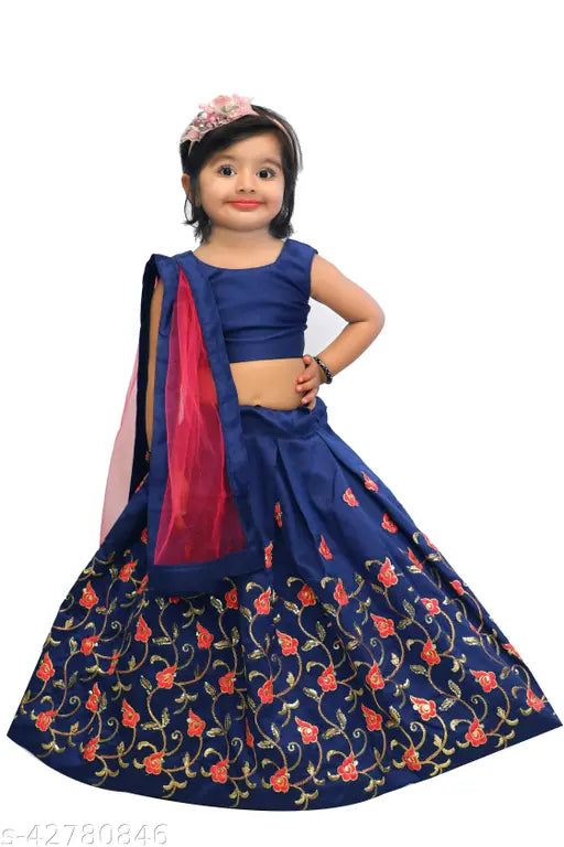 Modern taffeta silk lehenga-choli set for girls, sleeveless and embroidered with net dupatta, Indian handcrafted children's fashion