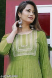 Rayon Anarkali kurti with chikankari embroidery, three-quarter sleeves, flattering drape, India origin