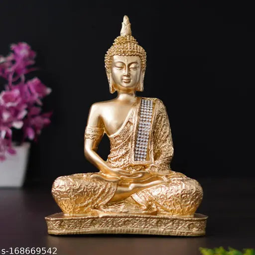Gold polyresin meditating Buddha statue, decorative showpiece for home décor, Indian crafted Samadhi Buddha sculpture
