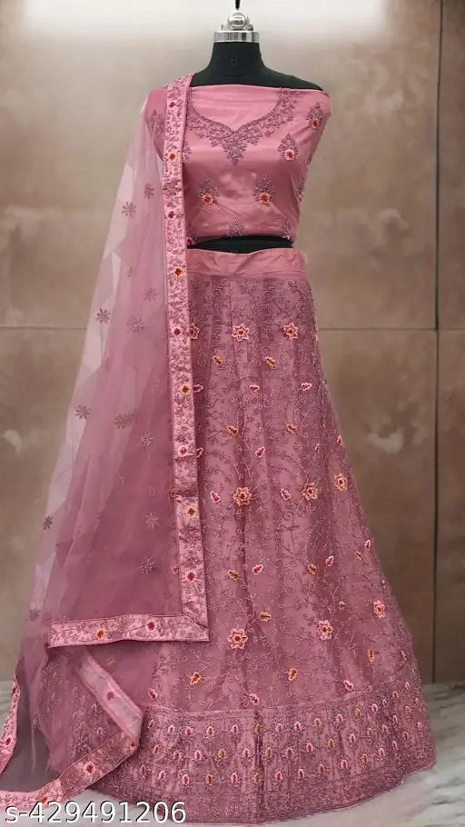 Pink net Lehenga Choli set with embroidered dupatta and blouse, Indian-inspired traditional attire for occasions, free size with extra inner