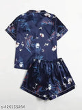 Stretchable silk blend print collared night suit coord set for women, featuring shirt and shorts. Ideal for summers, winter monsoon wear. Indian origin