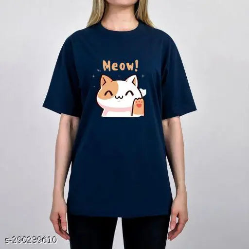Rare Bear Hello Meow Oversized Cotton T-Shirt, white drop shoulder style for women, featuring a printed cat motif