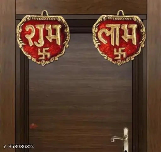 Red enameled aluminum door hanging with swastik design - festive Indian home decor (11.5 x 3 x 12 cm)