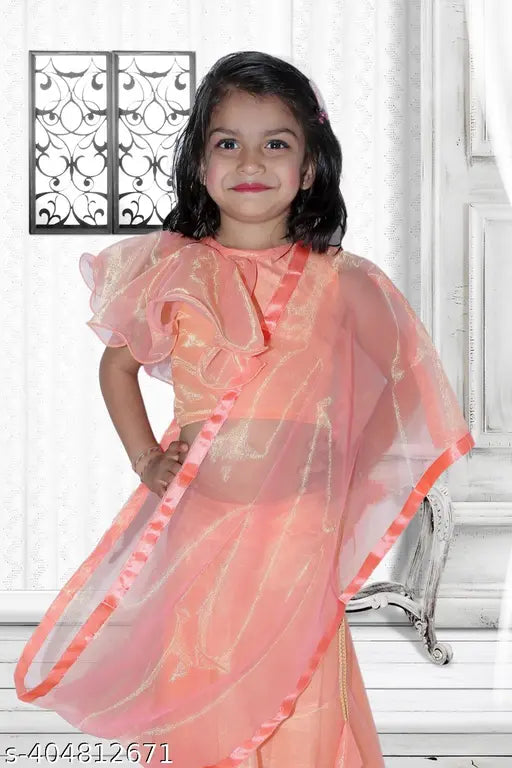 Tussar Silk kids lahenga choli with dupatta, self-design applique pattern, short sleeves