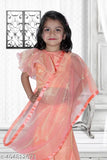 Tussar Silk kids lahenga choli with dupatta, self-design applique pattern, short sleeves