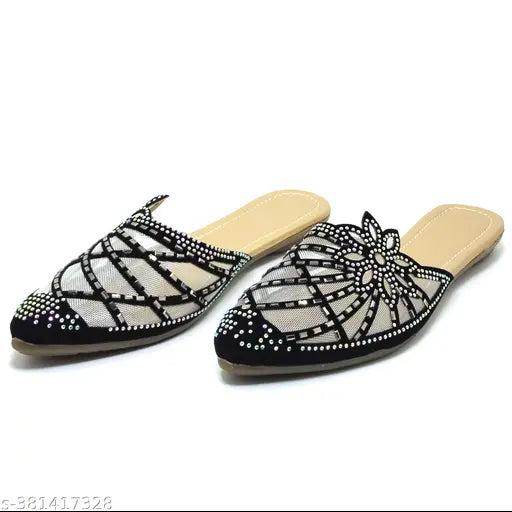 Black canvas embellished juttis, slip-on flats for women & girls with comfortable sole, India origin