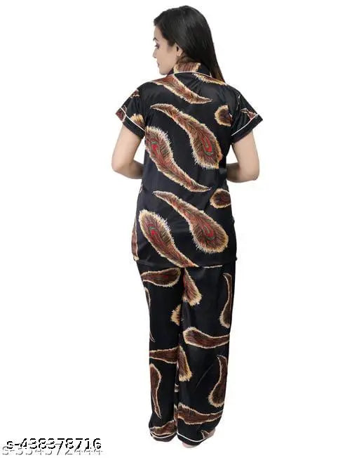 Black stylish women's satin Morpankh printed night suit set, soft cotton fabric for comfort and style