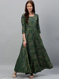 Dark green Mughal print rayon slub Anarkali dress with three-quarter sleeves - Kipek Indian ethnic wear