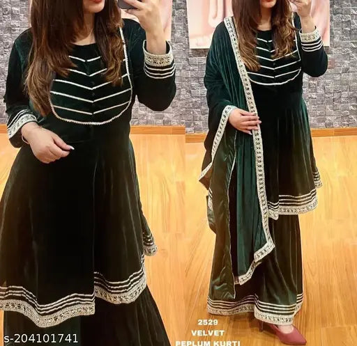 Black velvet women's kurta with embroidery and dupatta set