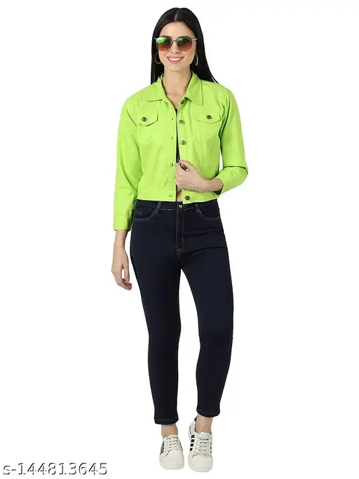 Denim waistcoat for women, trendy solid-colored long sleeve jacket, size S (34in bust, 20in length)