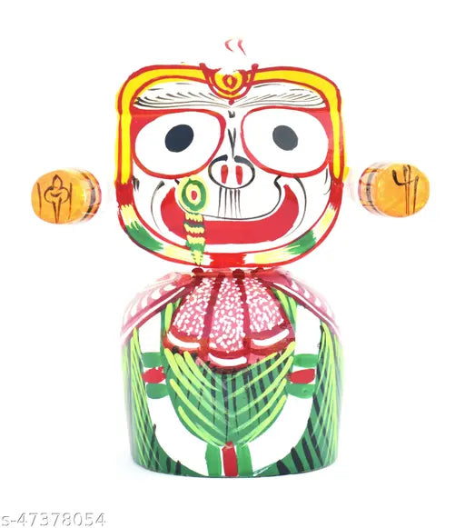 Handcrafted Neem Wood JagannathBalaBhadraSubhadra idols with Poshak, including Sudarshan Chakra. 4-inch colorful art pieces for home or car decor