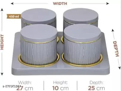 Bluish Grey plastic Dune Container Tray Set - 4 elevate home decor & food storage, airtight dry fruit containers with green flower print design and golden rimmed lids