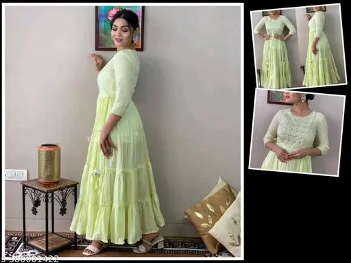 Light green cotton embroidered flared anarkali gown with mirror work and tessels, three-quarter sleeve length for women's fashion, India origin
