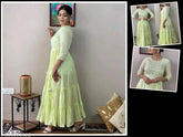 Light green cotton embroidered flared anarkali gown with mirror work and tessels, three-quarter sleeve length for women's fashion, India origin