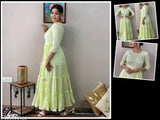 Light green cotton embroidered flared anarkali gown with mirror work and tessels, three-quarter sleeve length for women's fashion, India origin