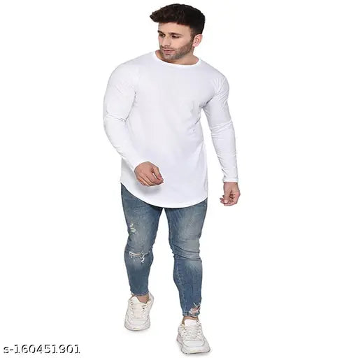Cotton blend men's long sleeved round neck applecut design T-shirt in solid color from Snowkartworld, perfect for stylish casual wear
