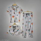 Cartoon print silk blend ladies night suit set, includes shirt, pajamas, and shorts. Soft inside, shiny outside for comfort and luxury. Made in India." (124 characters)