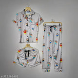 Cartoon print silk blend ladies night suit set, includes shirt, pajamas, and shorts. Soft inside, shiny outside for comfort and luxury. Made in India." (124 characters)