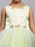 Green printed net gown for kids partywear, toy balloon parrot design, sleeveless and full-length" (105 characters)