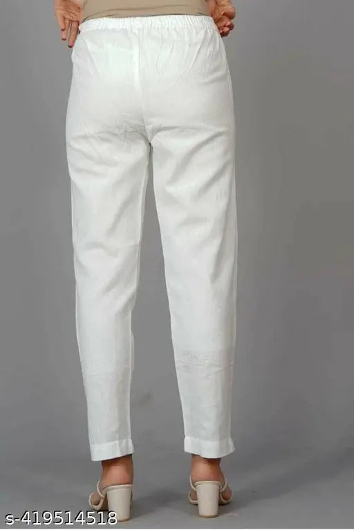 White women's cotton blend trousers, solid pattern, comfortable and relaxed fit, Indian origin