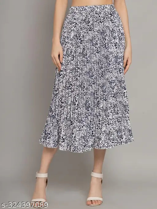 Printed polyester pleated midi skirt, western style, trendy design for women's wardrobe. Elastic waistline, suitable for various occasions and seasons. Indian-made, S-XXXL sizes available