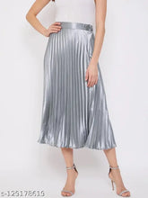 Women's classic stretchy satin pleated midi skirt, full-length, elastic waist, flared hemline. Indian-made, comfortable fit for all body types, travel-friendly premium fabric. Sizes: 28, 30, 32, 34, 36, 38, Free Size